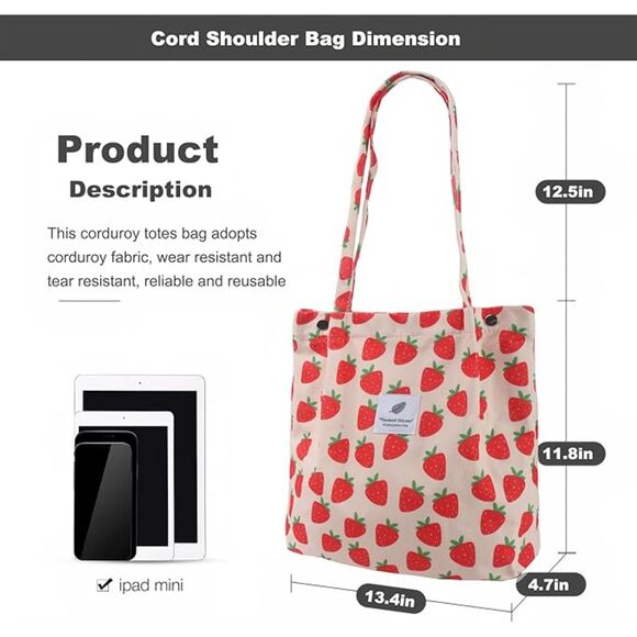 Women Strawberry Imported Corduroy Small Canvas Shoulder Handy Tote Bag - Picture 3 of 4